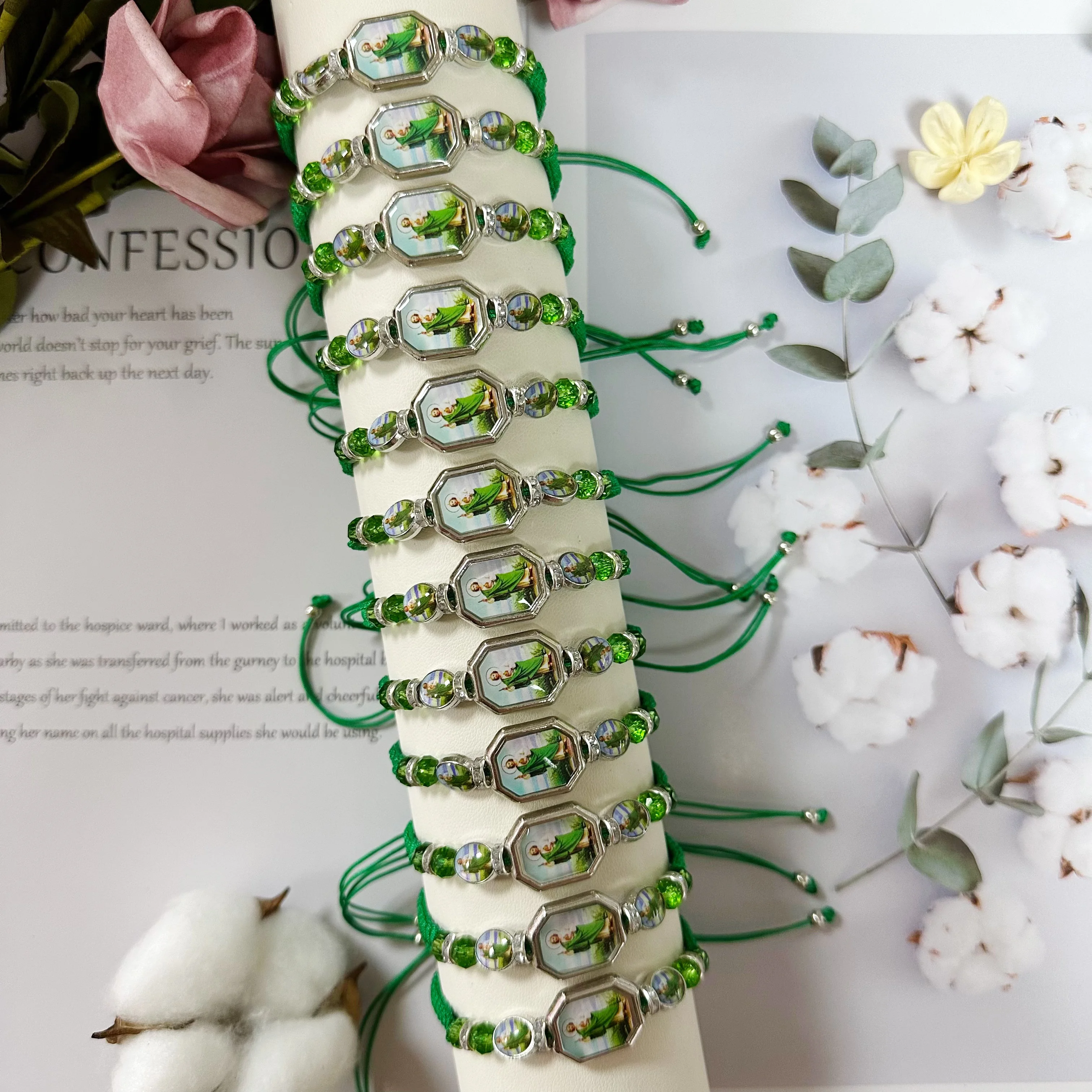 Metal Color: Vermeil - 12 Pieces Mexican Bracelets Saint Jude Bracelet Catholic Green Handmade String Bracelets San Judas Tadeo Rosary Bracelet Gift