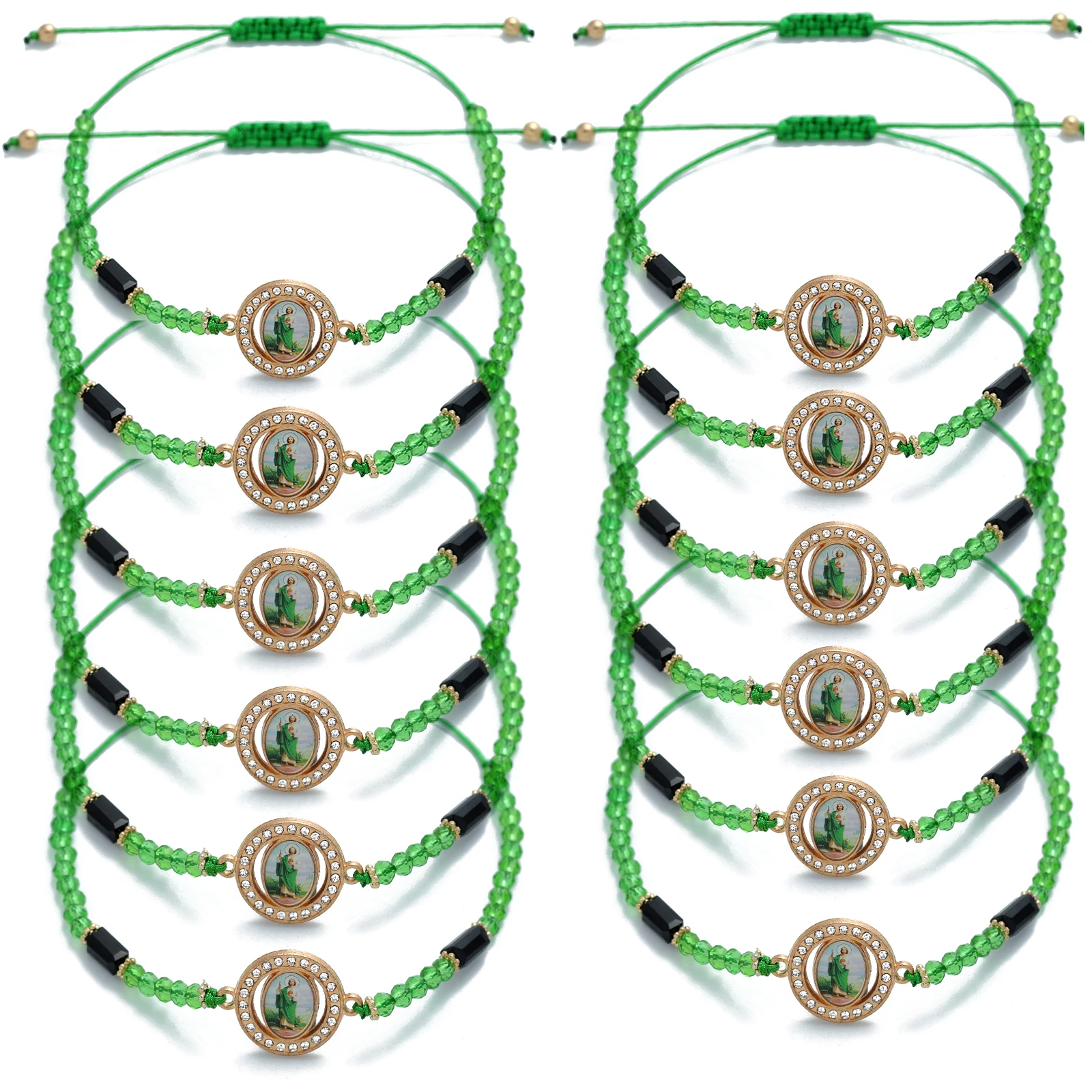 Metal Color: Vermeil - 12 Pieces Mexican Bracelets Saint Jude Bracelet Catholic Green Handmade String Bracelets San Judas Tadeo Rosary Bracelet Gift