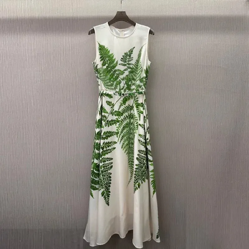 Size: XL - Top Quality New 2025 Summer Long Dress Women Green Leaves Prints Pocket Belt Patchwork Sleeveless Long Party Maxi Dress Beach