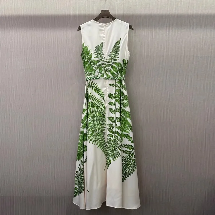 Size: XL - Top Quality New 2025 Summer Long Dress Women Green Leaves Prints Pocket Belt Patchwork Sleeveless Long Party Maxi Dress Beach