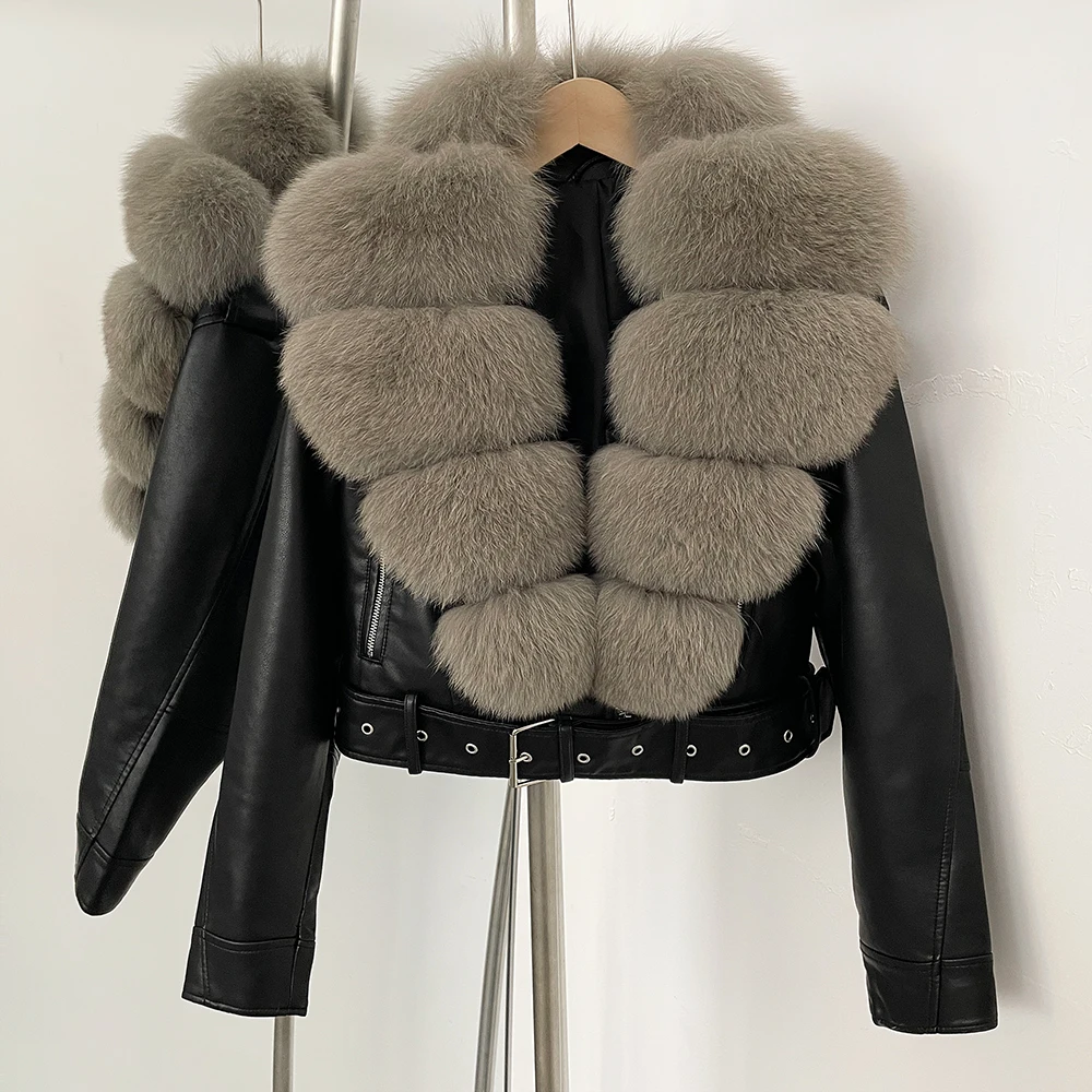 Color: black, Size: M - Fake Leather Coat New Natural Fox Fur Autumn Short Faux Leather Jacket Female Spring PU Women Long Sleeve Real Fur Coat Thin