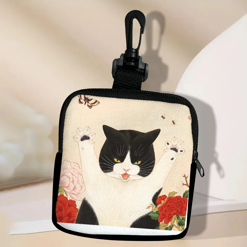 Color: Beige - Cat Mini Coin Purse Simple Zipper Kid Storage Pouch Coin Key Bag Women Men Wallet Mini Purse 7.2