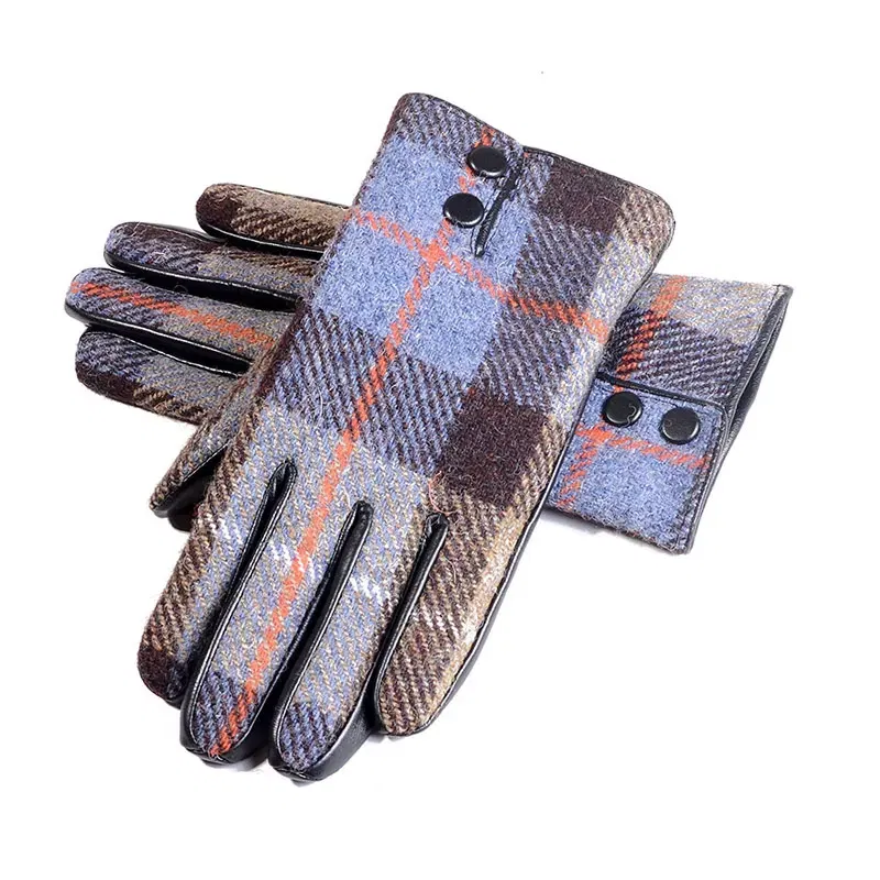 Color: GRAY, Gloves Size: L - New Men's Male Wool Tweed & Leather Winter Warm Thicker Lining fashion Touch Screen Driving Short Gloves