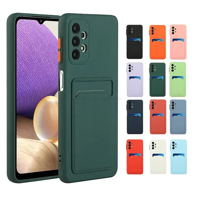 Color: Beige, Material: Silicon - Card Holder Wallet Case For Samsung Galaxy A32 A53 A33 A13 A52 5G Case on A72 A22 A12 A51 A71 Shockproof Liquid Silicone Cover
