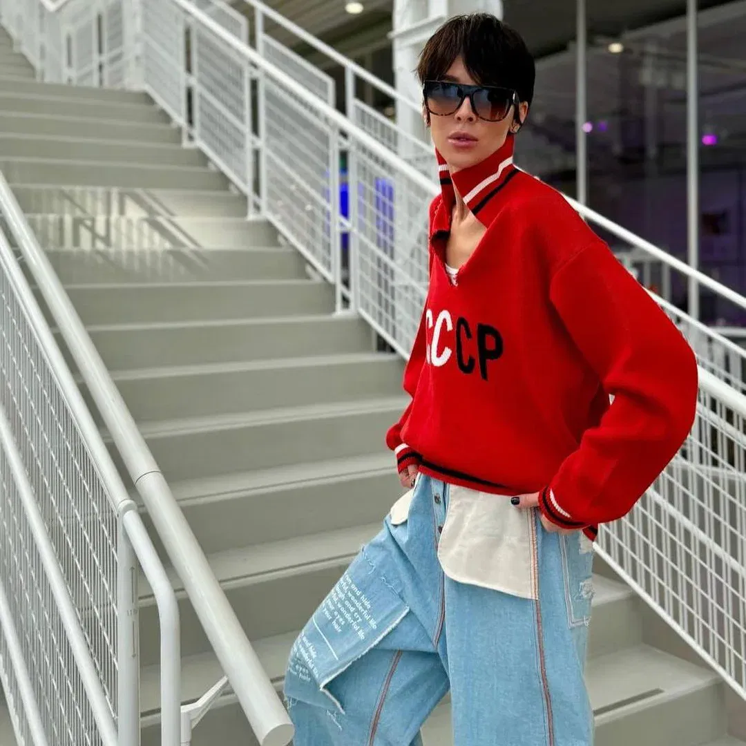 Color: Blue, Size: XL - JHJN Autumn V-Neck Sweater Women Patchwork Letter Streety Tops Loose Casual Pullovers Long-Sleeved Knitted Shirts Women Sweater