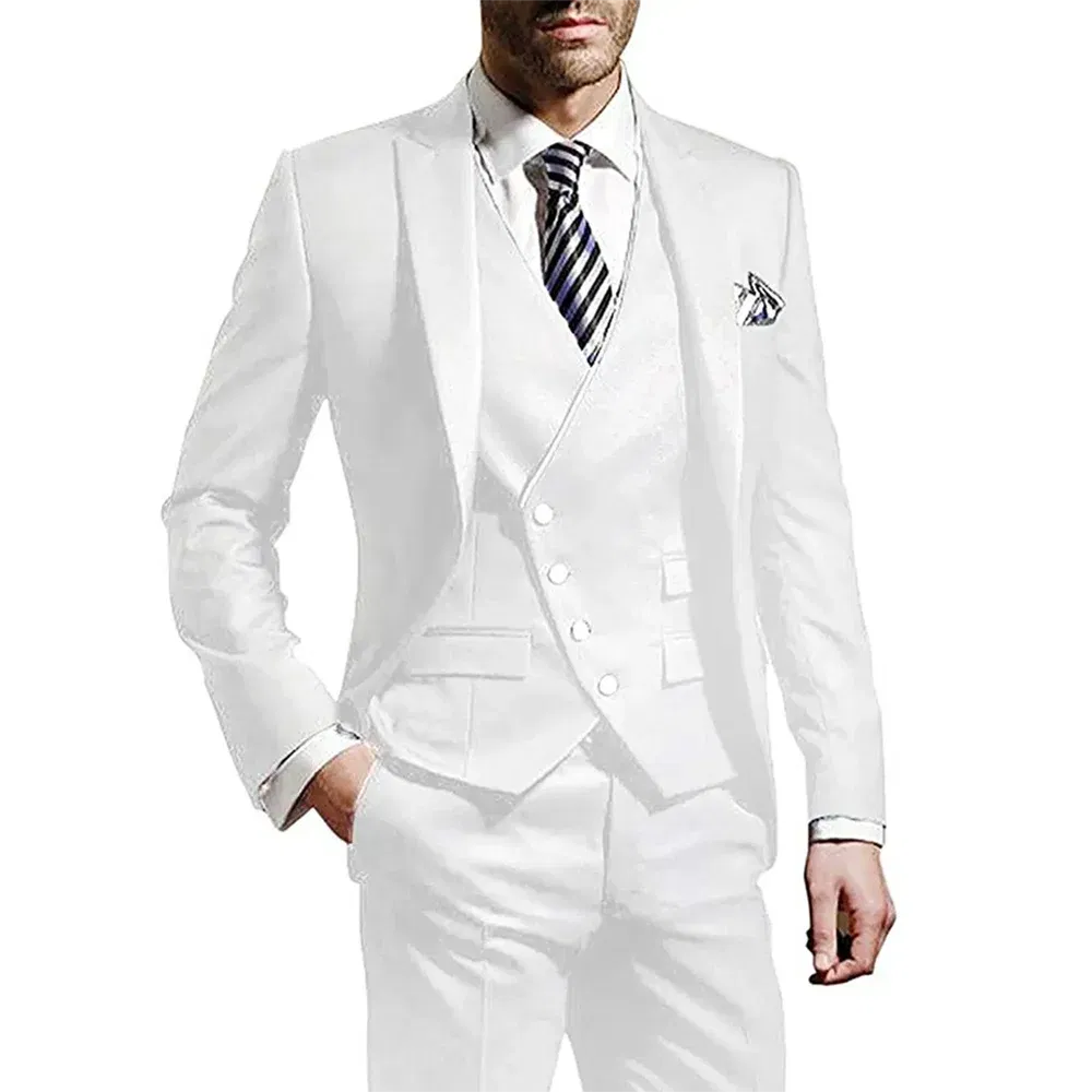 Color: Silver, Size: XS?€old?‰, Ships From: CHINA - White Men Wedding Suits Groom Wear Peak Lapel Wedding Groom Tuxedos Business Party Suit 3 Pieces (Jacket+Vest+Pant?‰Costume Homme