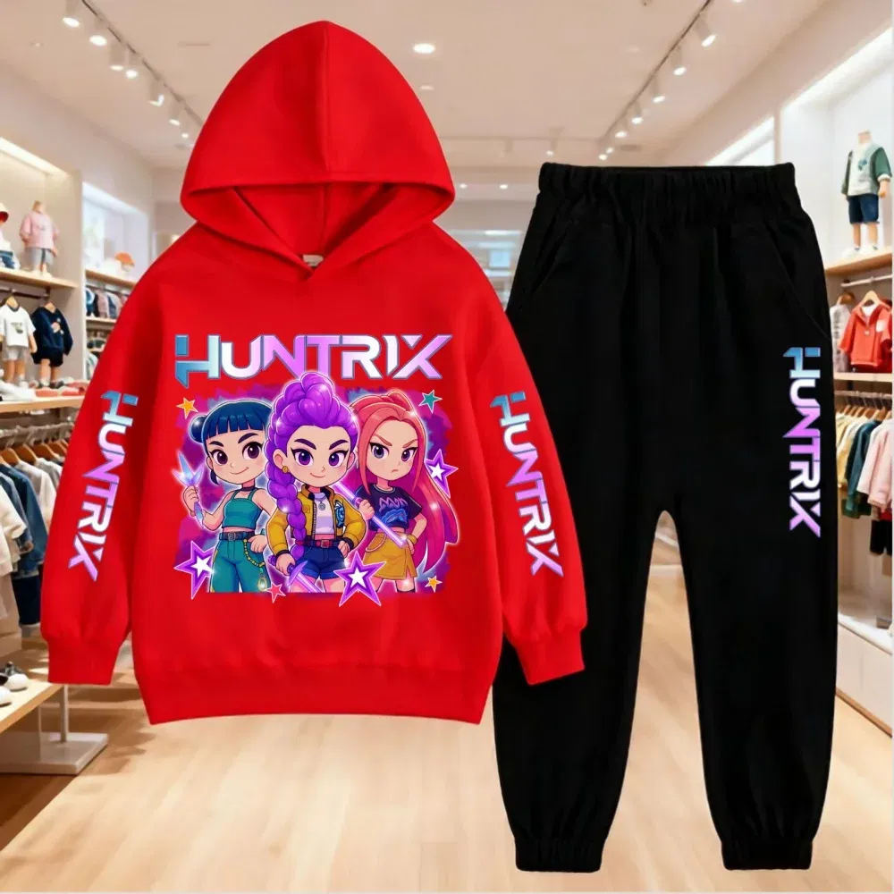 Color: black, Kid Size: 14 - 2025 KPop Demon Hunters Kids Hoodie Set Boys Teen Girls Hoody Sweatshirts With Pants Tracksuit Children's Autumn Clothing 2pcs