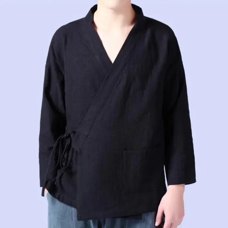 Color: army green, Size: L - Plus Size M-6XL Pure Color Men's Tops 2024 New Cotton Linen Oblique Placket Long Sleeve Linen Hanfu chinese Clothing  Kimono