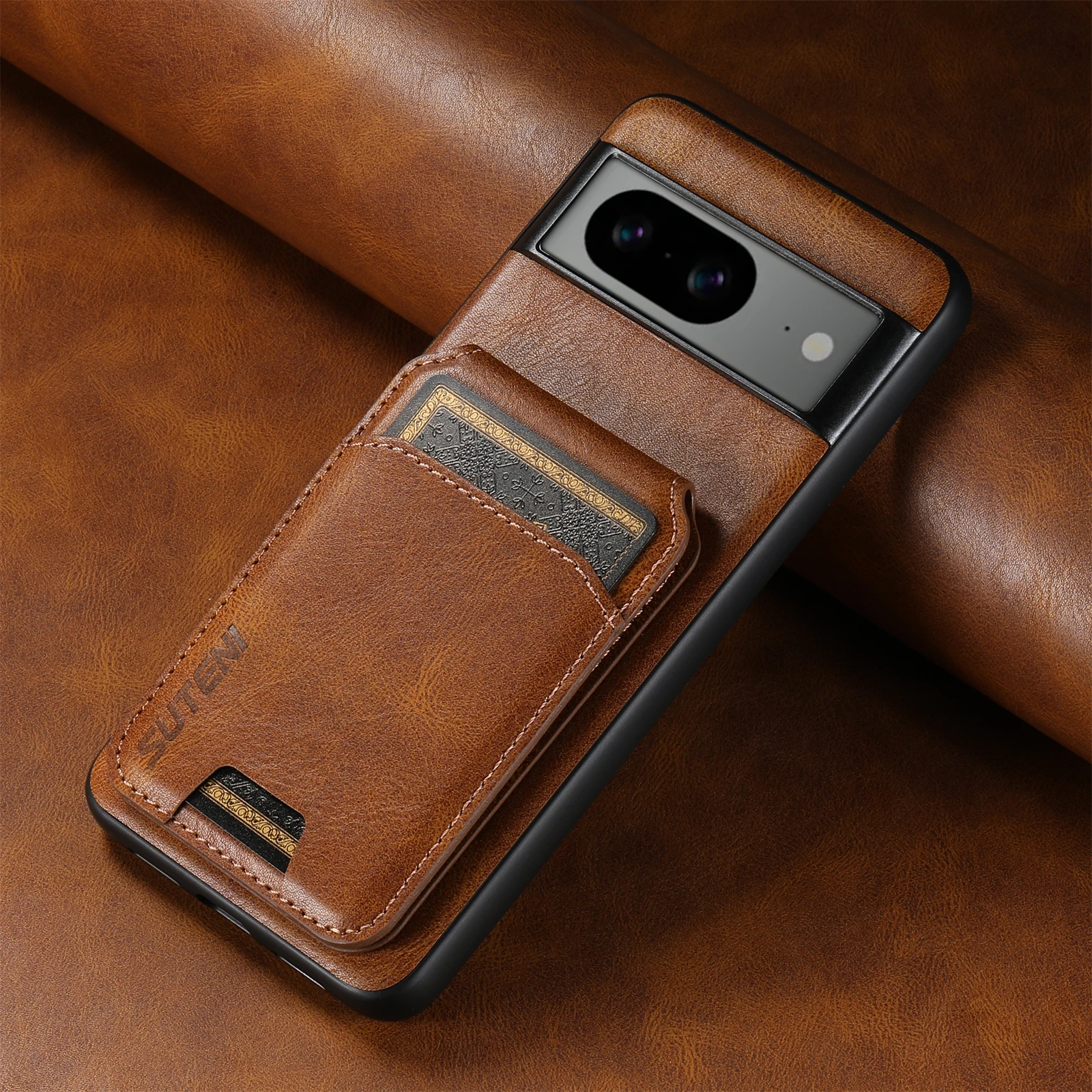 Color: Coffee, Material: CANVAS - SUTENI Card Holder Leather Pocket Wallet Phone Case Stand For Google Pixel 8A 8Pro 7 7Pro 7A 6 6Pro 6A