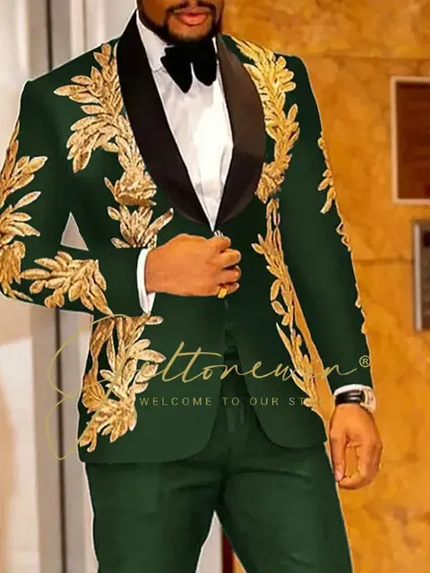 Color: green, Size: XXL - Luxury Groom Wedding Tuxedos Gold Sequins Appliques Black Men Suits Slim Fit Costume Homme Marriage Prom Suits