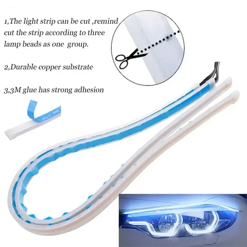 Emitting Color: Crystal Blue - 2PCS 30CM Car Daytime Running Light Flexible Strip Ice Blue Turn Signal Yellow Brake Flow Lights DRL Auto Headlights 12v