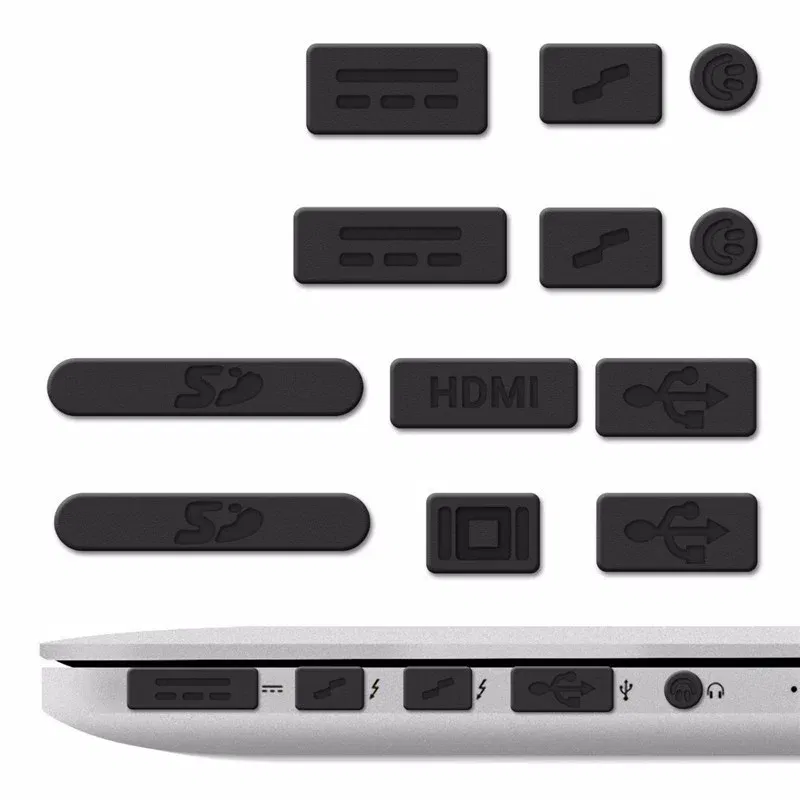 Color: black - 12pcs/set Silicone Data Port Anti Dustproof Plug For Apple Macbook 11Air 13Air 13 Pro dust plug Stopper Cover Set For Laptop