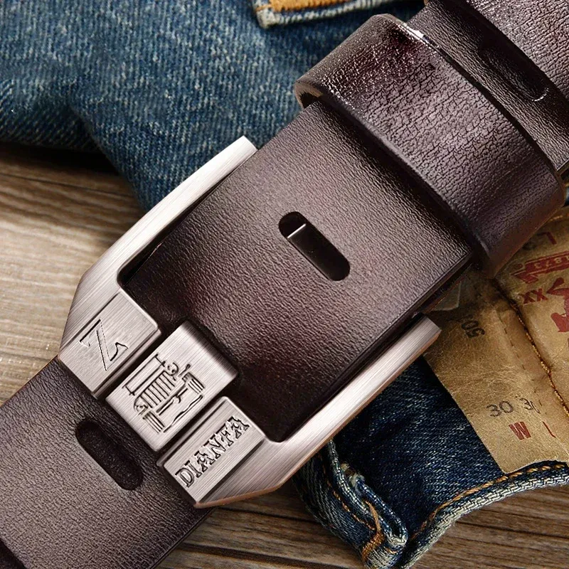 Color: WHITE, Belt Length: 120cm - 130CM Leather Cowhide Men's Belt Fashion Metal Alloy Pin Buckle Adult Luxury Brand Jeans Business Casual Waist Male Strap Brand