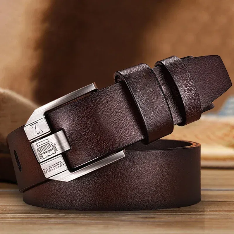 Color: WHITE, Belt Length: 120cm - 130CM Leather Cowhide Men's Belt Fashion Metal Alloy Pin Buckle Adult Luxury Brand Jeans Business Casual Waist Male Strap Brand