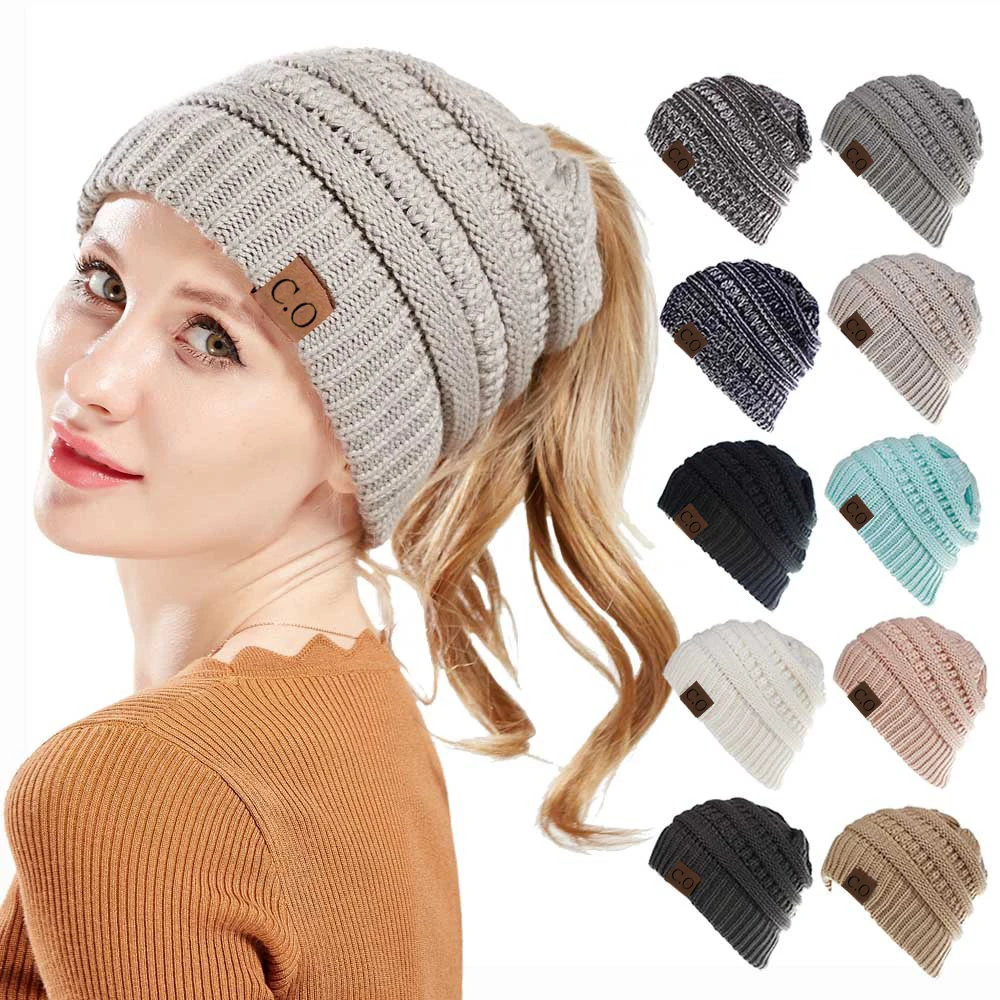 Color: GRAY - New Lady Knitted Hats for Women Girls Skiing Baseball Cap Openings Horsetail Hat