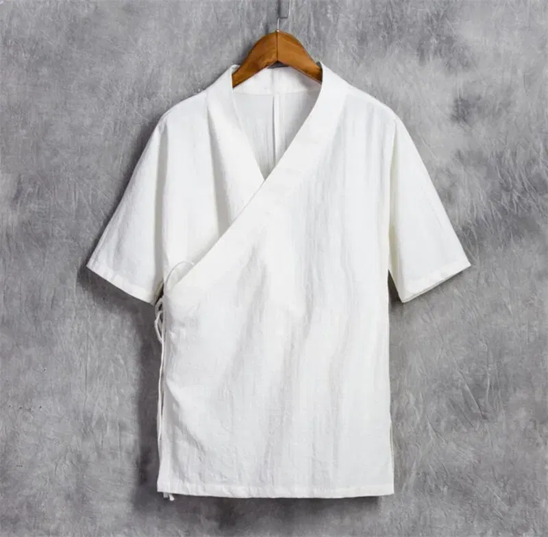 Color: WHITE, Size: 4XL - Men Cotton Linen Short sleeve Kung Fu Shirt Classic Chinese Style Tang Clothing Size M-6XL