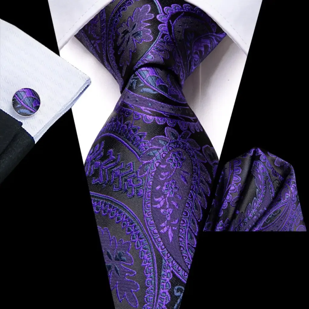 Color: Fluorescent Yellow - Hi-Tie Purple Paisley Silk Elegent Tie for Men Novelty Design Handky cufflink Tie Set Party Business Wedding Dropshipping
