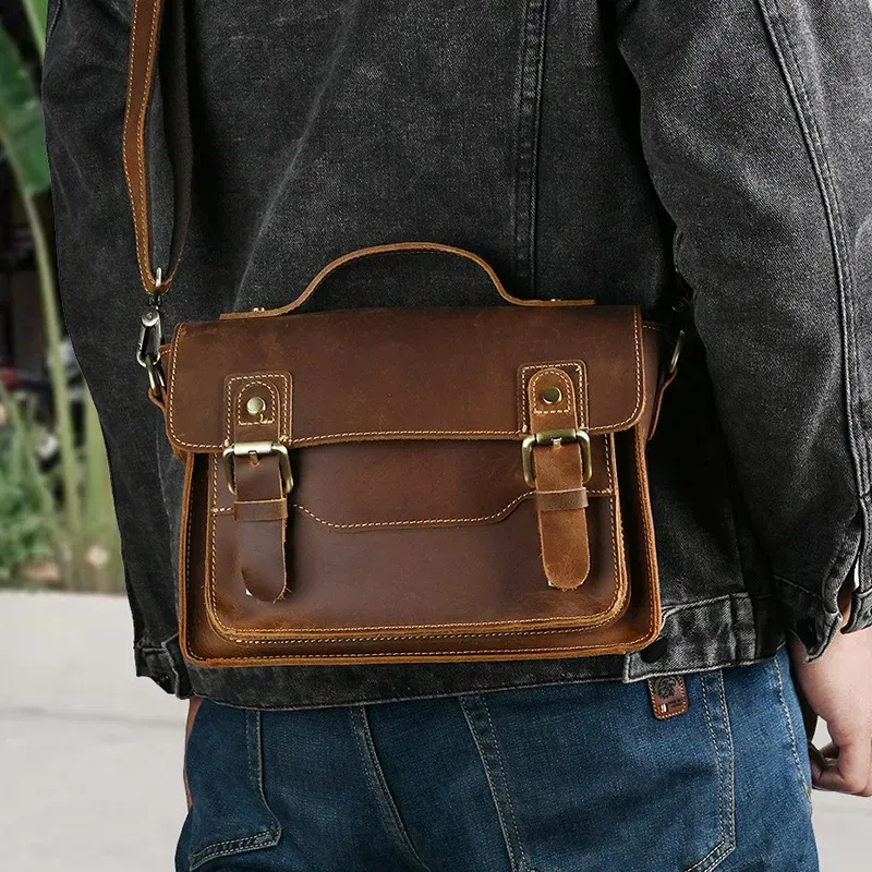 Color: Beige, Ships From: CHINA - Luufan Crazy Horse Leather Men's Shoulder Bag Vintage Messenger Bags Men Male Small Travel Crossbody Bags Man Handbag Sling Bag