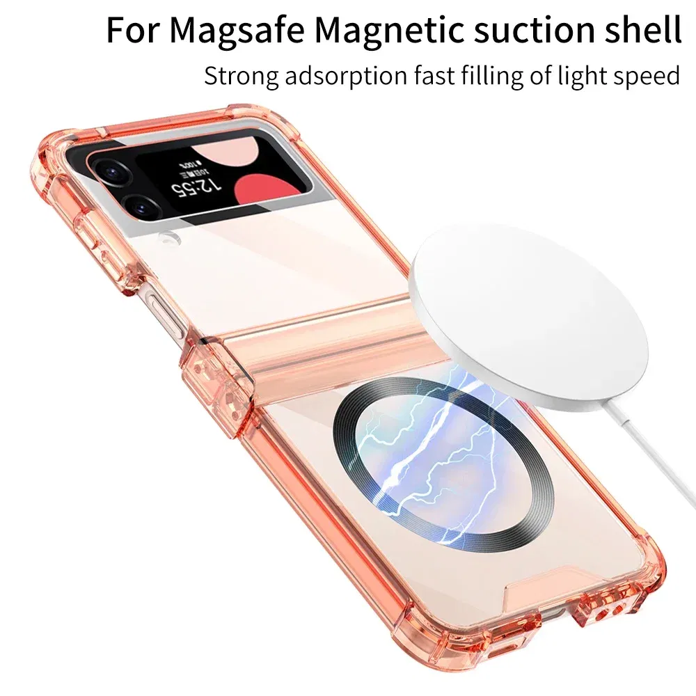 Color: Beige, Material: ABS - Colorful Transparent Folding Hinge For Samsung Galaxy Z Flip 4 3 Magsafe Magnetic Wireless Charging Case Shockproof Hard Cover