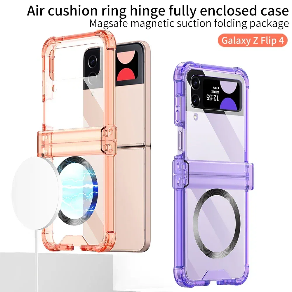 Color: Beige, Material: ABS - Colorful Transparent Folding Hinge For Samsung Galaxy Z Flip 4 3 Magsafe Magnetic Wireless Charging Case Shockproof Hard Cover