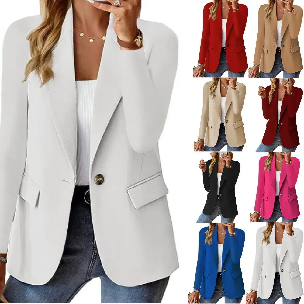 Color: Blue, Size: L - Womens Spring Winter Down Full Long Sleeve Coat Autumn Blazer Button Outwear Suit Cardigan Female