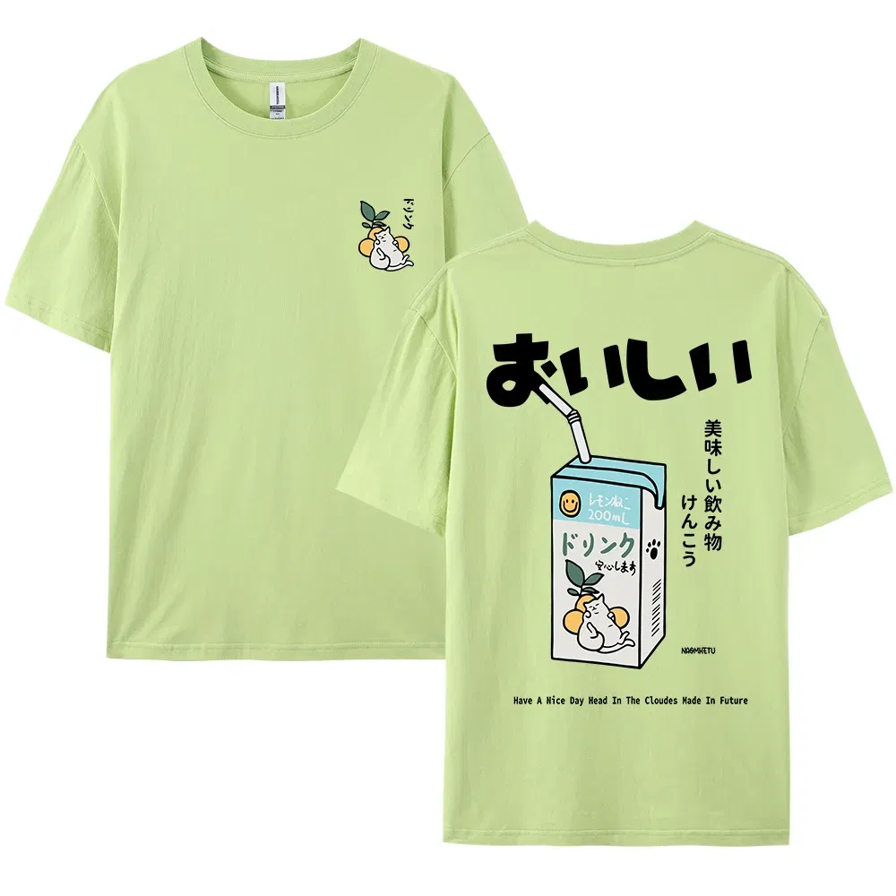 Color: green, Size: L - Cute Japanese Cat Print Oversized T-shirt men Women Short Sleeve Loose Casual Tee Shirt Streetwear Tops Cotton Harajuku Clothing