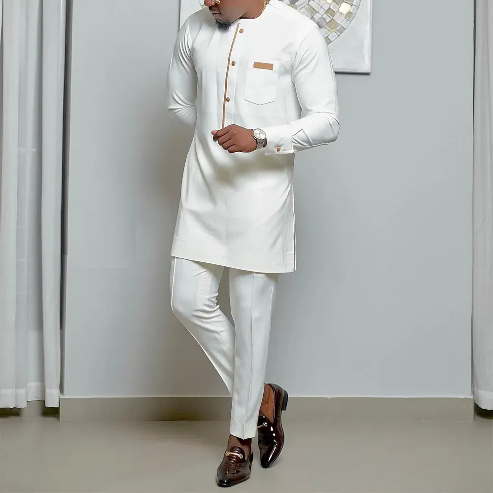 Color: Ivory, Size: XL - New Men's Tenos Wedding 2-Piece Suit Waist Pants Shirt Solid Color Panel Long Sleeve Party African Ethnic Style Clothing (M-4XL)