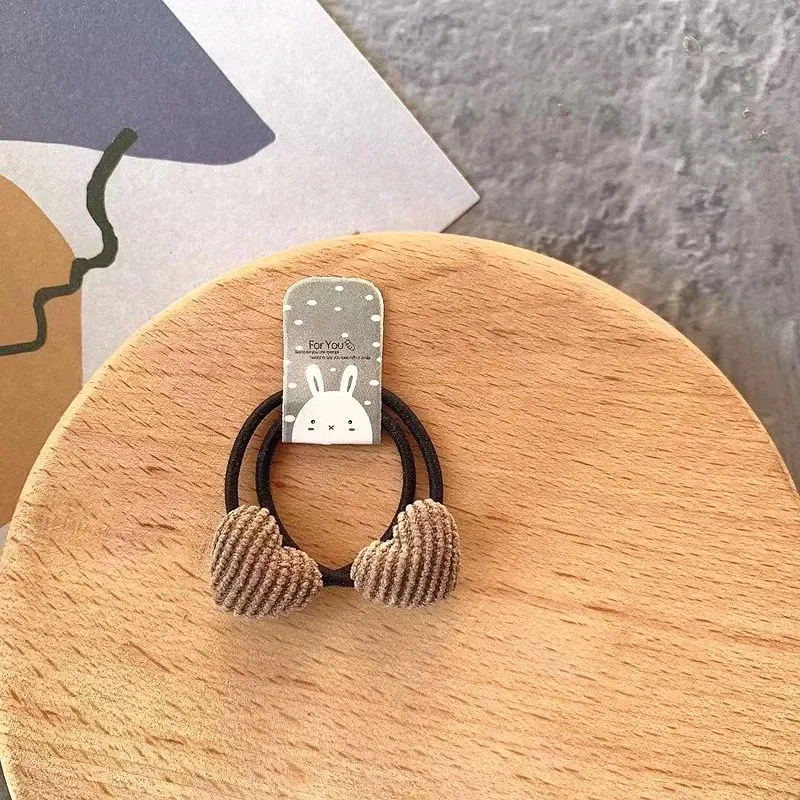 Color: Coffee - 2pcs Velvet Heart Plaid Star Button Elastic Hair Bands Rubber Hair Rope Tie Girls Hair Scrunchie Ponytail Holder Gum Accessories