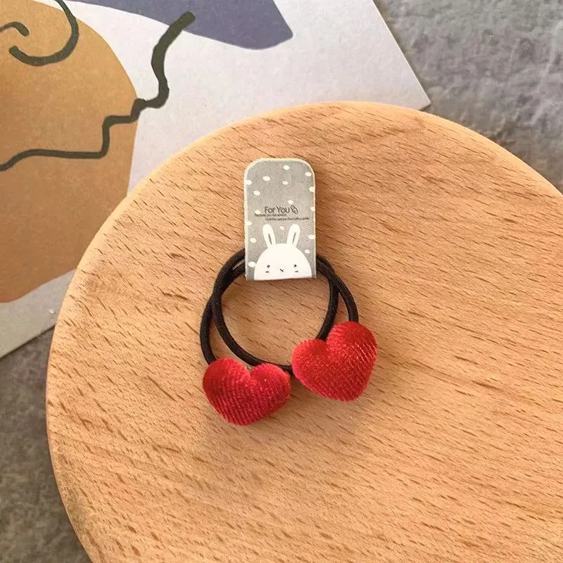 Color: Coffee - 2pcs Velvet Heart Plaid Star Button Elastic Hair Bands Rubber Hair Rope Tie Girls Hair Scrunchie Ponytail Holder Gum Accessories