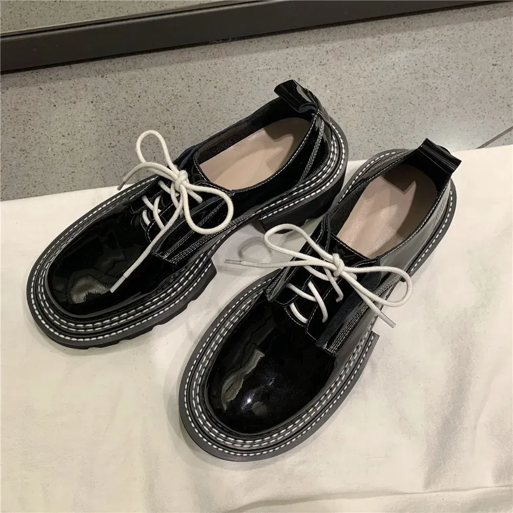 Color: Blue, Shoe Size: 7 - MILI-MIYA New Arrival Thick Heels Women Cow Patent Leather Pumps Lace Up Round Toe Fashion Street Casual Shoes Size 34-42