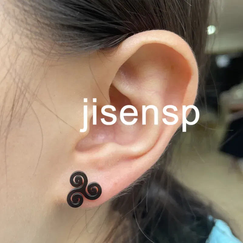 Metal Color: Rhodium Plated, Main Stone Color: Black - Cartoon The Movie Teen Wolf Triskele Triskelion Inspired Earrings Punk Stainless Steel Jewelry Triple Spiral Ear Studs Women Men