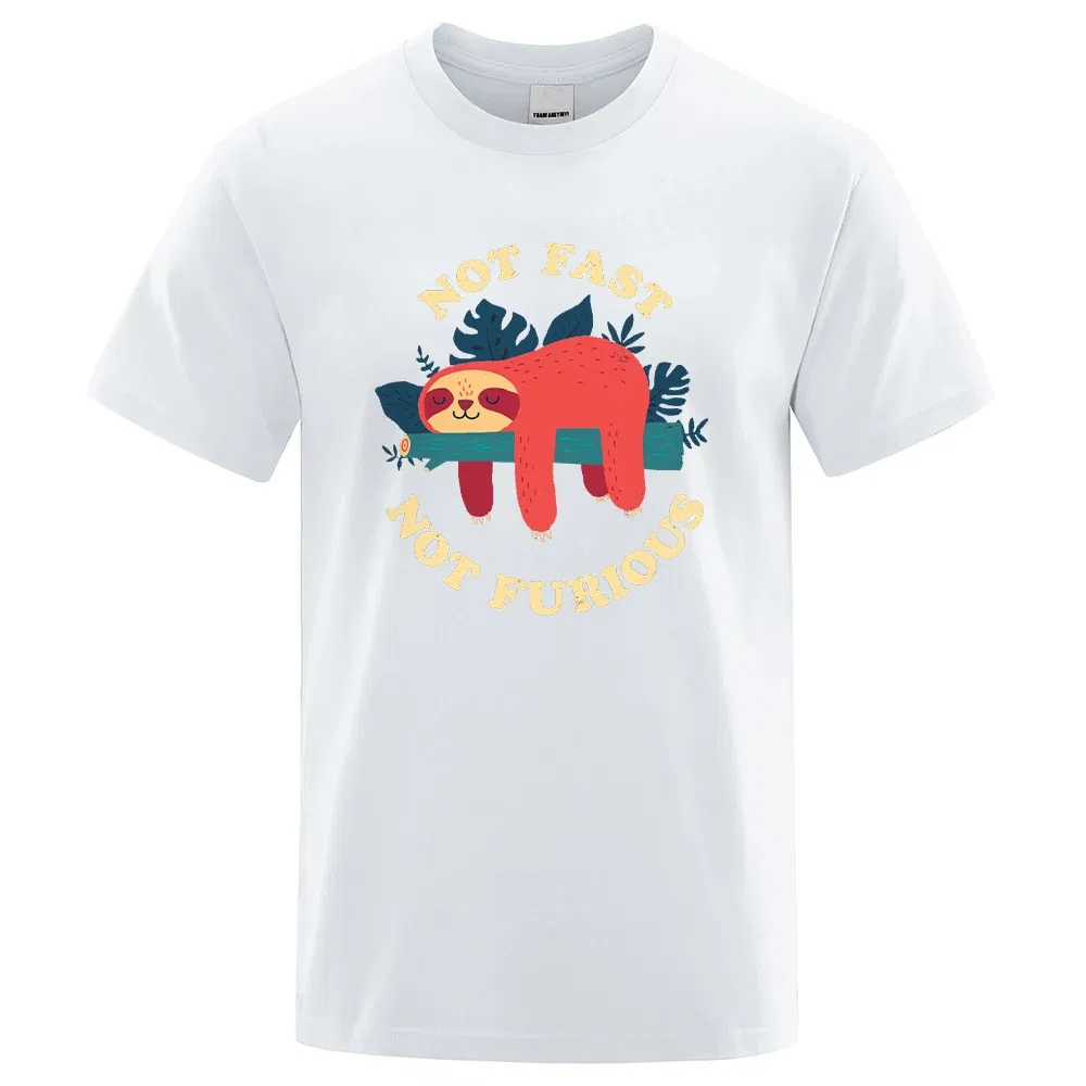 Color: WHITE, Size: XL - Not Fast Not Furious Sloth Cute Print Men Tee Shirts Breathable Cotton Tops Street Fashion T-shirt Women Casual Summer T Shirts