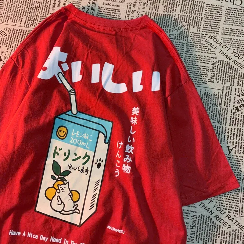 Color: Khaki, Size: S - Cute Japanese Cat Print Oversized T-shirt men Women Short Sleeve Loose Casual Tee Shirt Streetwear Tops Cotton Harajuku Clothing
