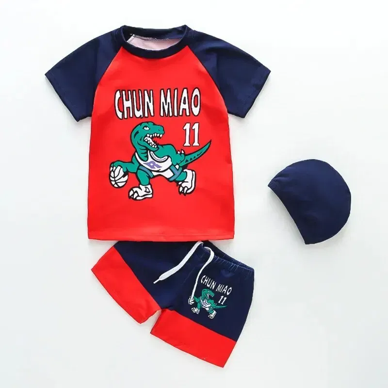 Size: Other sizes, Color: Blue - Summer Boys Swimsuit for Kids Split Sun Quick Dry With Swim Cap Swimsuit Cartoon Boys Set