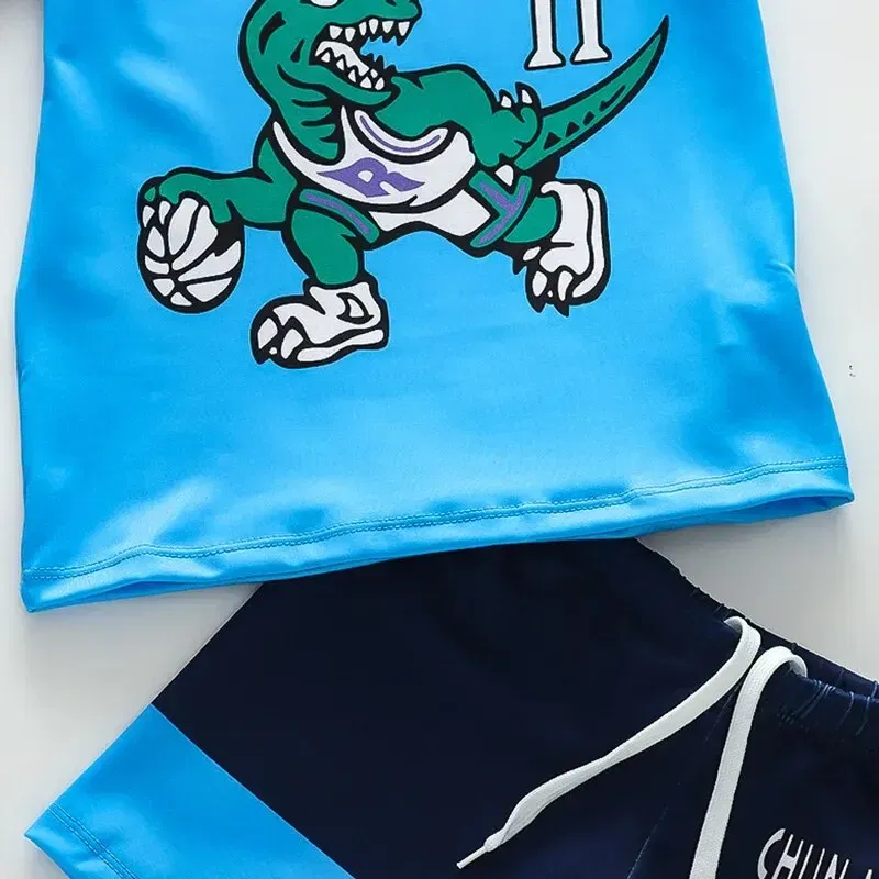 Size: Other sizes, Color: Blue - Summer Boys Swimsuit for Kids Split Sun Quick Dry With Swim Cap Swimsuit Cartoon Boys Set