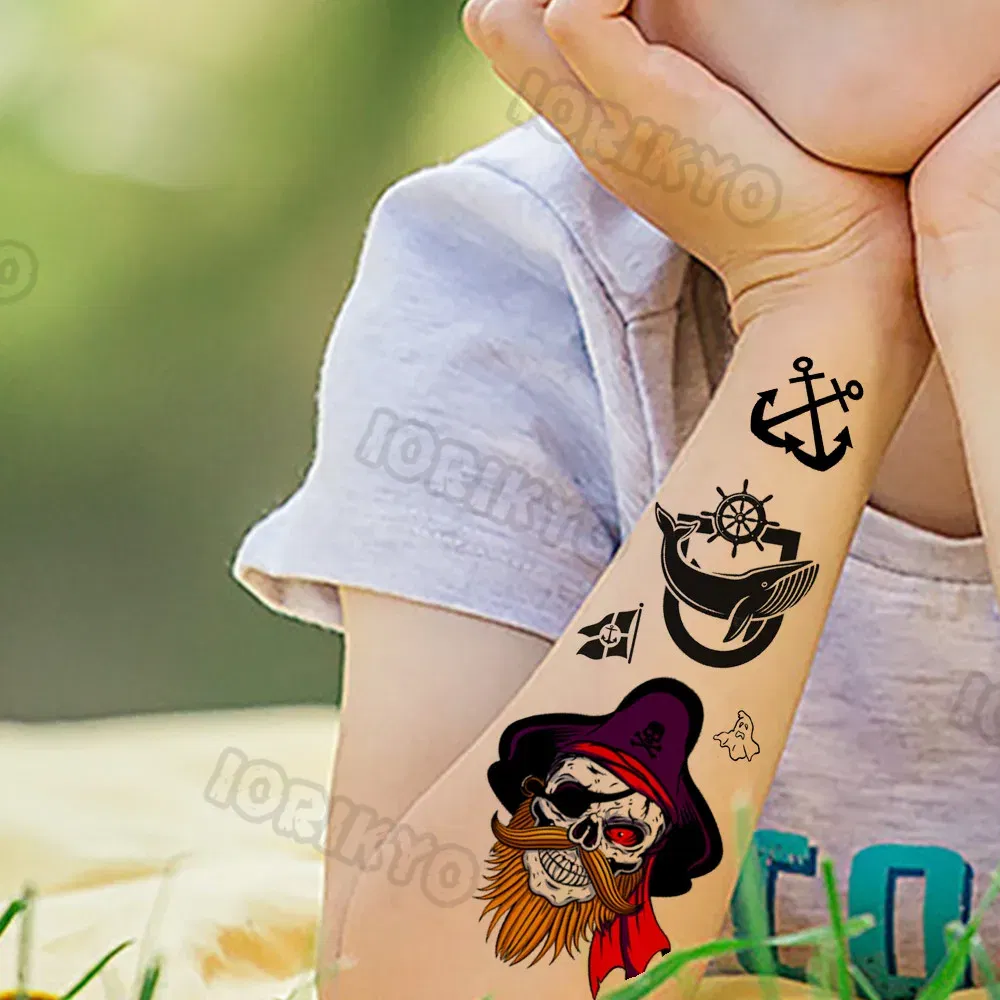 Color: NAVY - Anchor Pirate Temporary Tattoos For Kids Toddler Boy Adult Men Women Black Whale Tattoo Sticker Fake Transfer Small Tatto Face