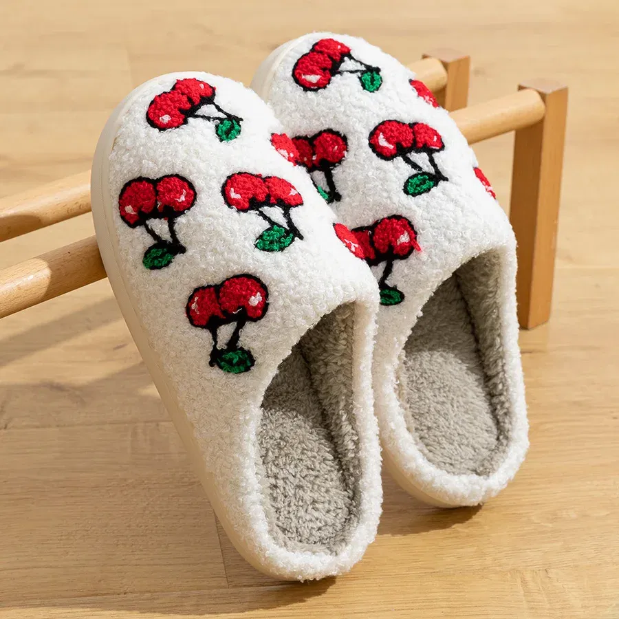Color: WHITE, Shoe Size: 4.5 - Cute Avocado Women Slippers Winter Warm Indoor Fruit Cartoon Funny Soft Non-slip Slipper Cherry Strawberry Comfy Cotton Shoes