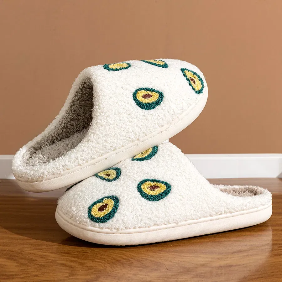 Color: WHITE, Shoe Size: 4.5 - Cute Avocado Women Slippers Winter Warm Indoor Fruit Cartoon Funny Soft Non-slip Slipper Cherry Strawberry Comfy Cotton Shoes
