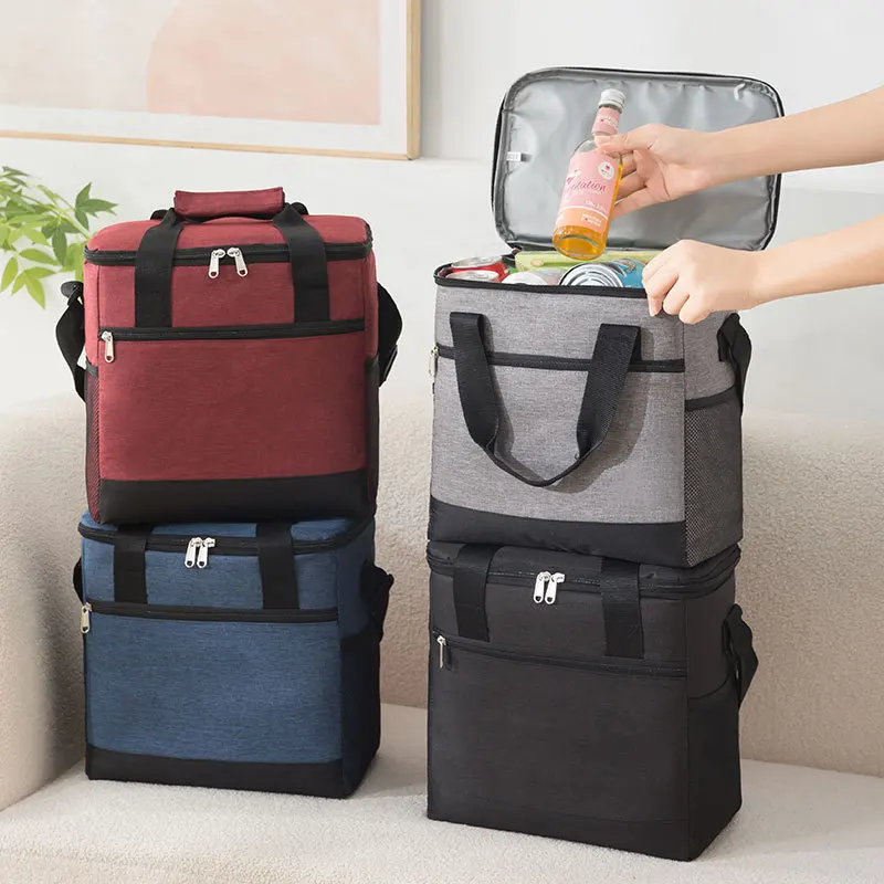 Color: Blue - Large Capacity Tote Bento Insulated Lunch Bag Picnic Food Lunch Box Storage Ice Cooler Thermal Bag Portable Fridge Thermal Bag