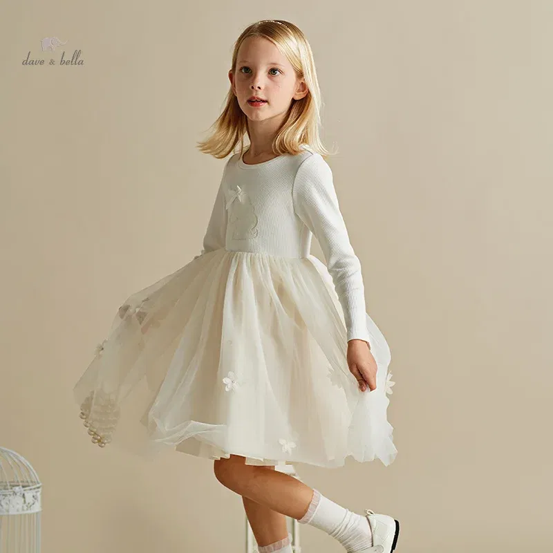 Color: Beige, Kid Size: 15t - Dave Bella Girl's Dress Children's Kids' 2024 New Spring Princess Dress Charm Sweet Gentle Fashion Mesh Party Outdoor DK1248740
