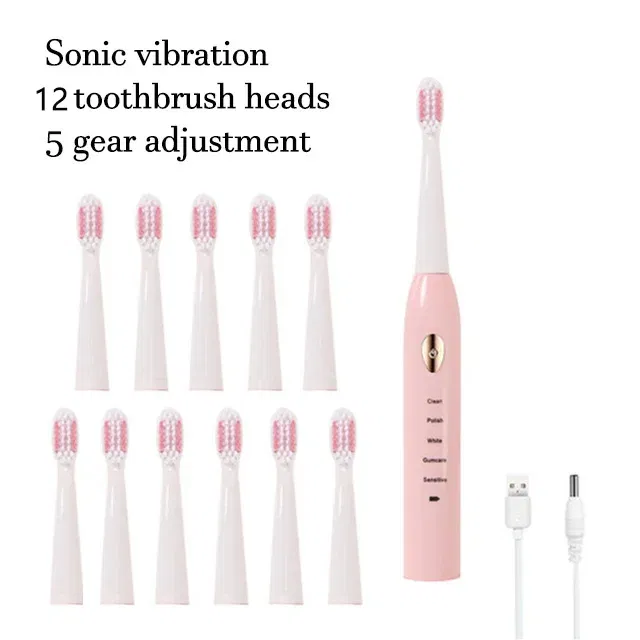 Color: GRAY - Electric Toothbrush 5-gear Mode USB Charging 4 colors IPX7 Waterproof Ultrasonic Rechargeable Soft Hair Toothbrush Adult Classic