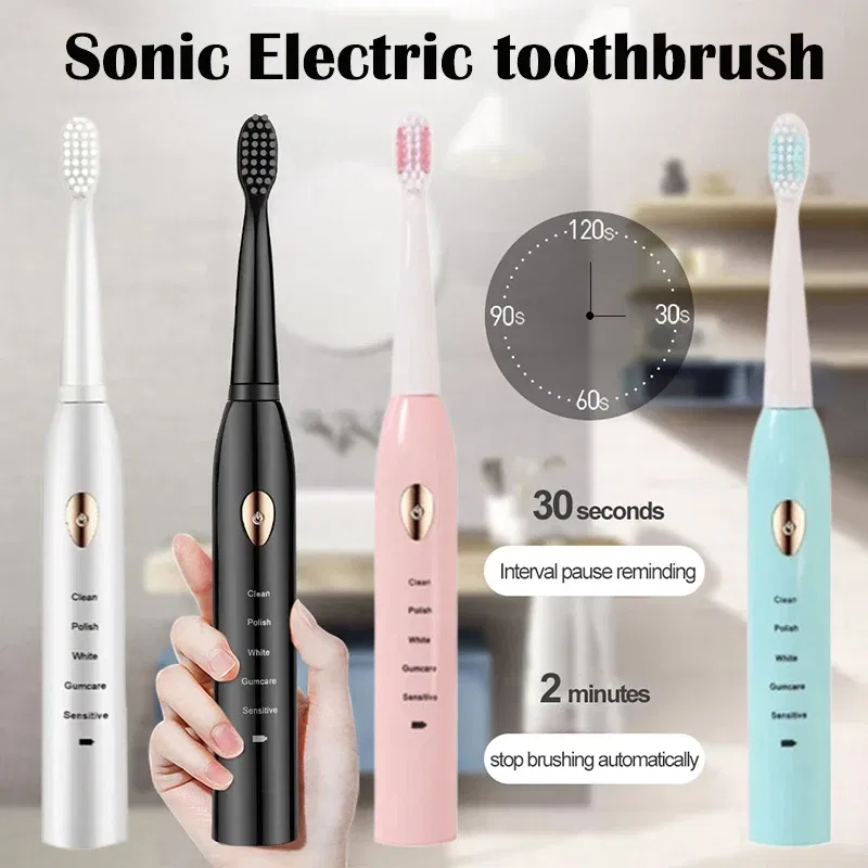 Color: GRAY - Electric Toothbrush 5-gear Mode USB Charging 4 colors IPX7 Waterproof Ultrasonic Rechargeable Soft Hair Toothbrush Adult Classic
