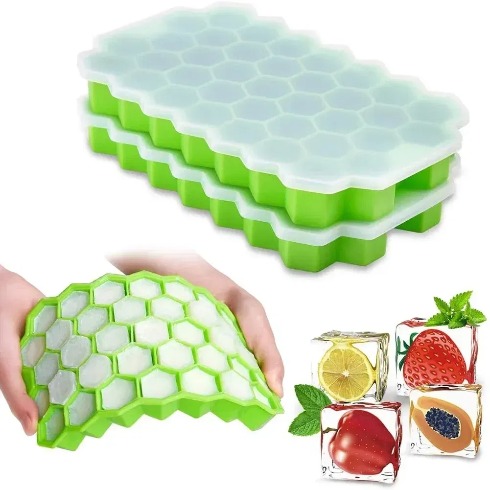 Color: Blue - 37 Cavity Honeycomb Ice Cube Trays Reusable Silicone Ice Cube Mold BPA Free Ice Maker with Removable Lids