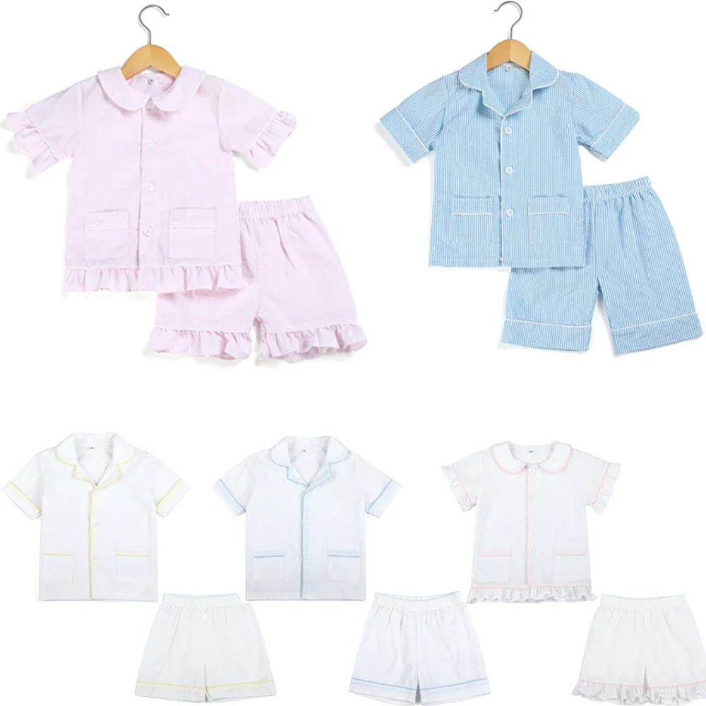 Color: Pink, Ships From: CHINA, Kid Size: 5t - Ruffkids 100% Cotton Summer Kids Pajamas Sleepwear Seersucker Striped Matching Pjs Boys Clothes Loungewear Girls Pyjamas Set