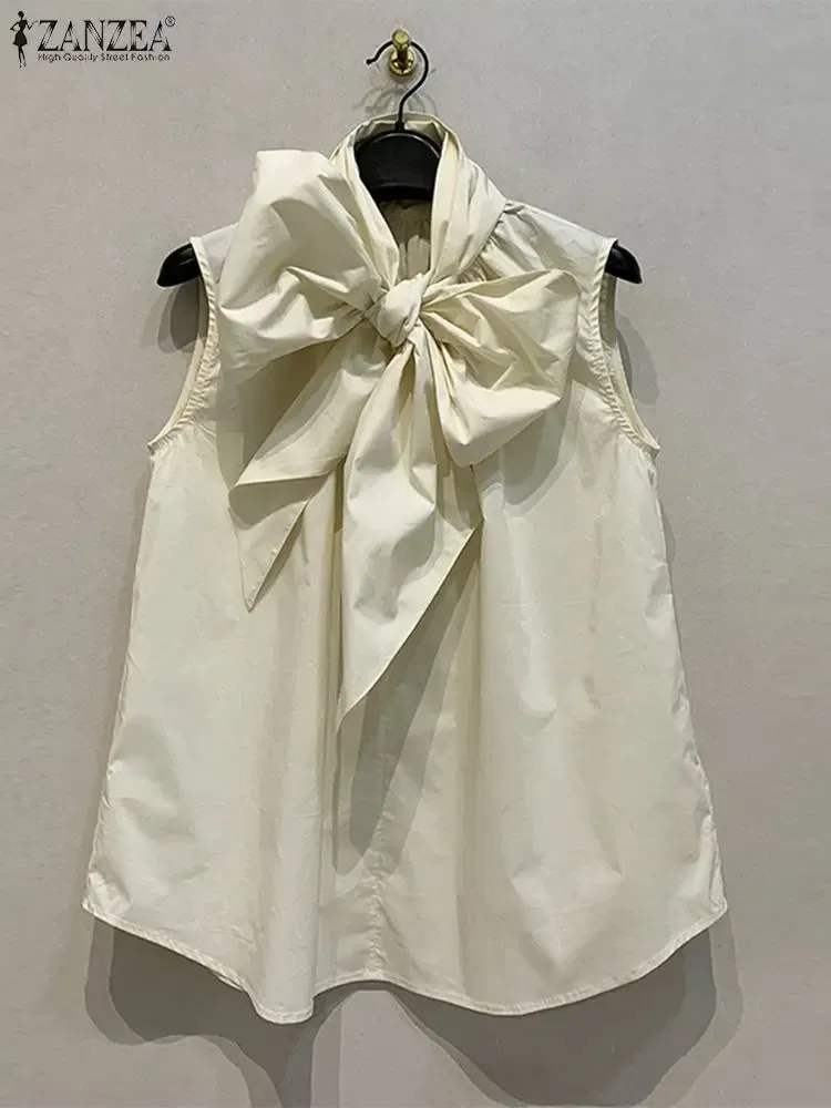 Color: black, Size: M - ZANZEA Women Fashion Bow Tie Neck Tank Tops 2024 Summer Casual Solid Sleeveless Blusas Mujer Elegant Korean Style Shirts Blouses
