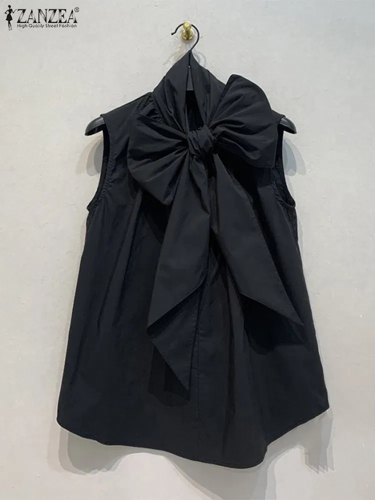 Color: black, Size: M - ZANZEA Women Fashion Bow Tie Neck Tank Tops 2024 Summer Casual Solid Sleeveless Blusas Mujer Elegant Korean Style Shirts Blouses