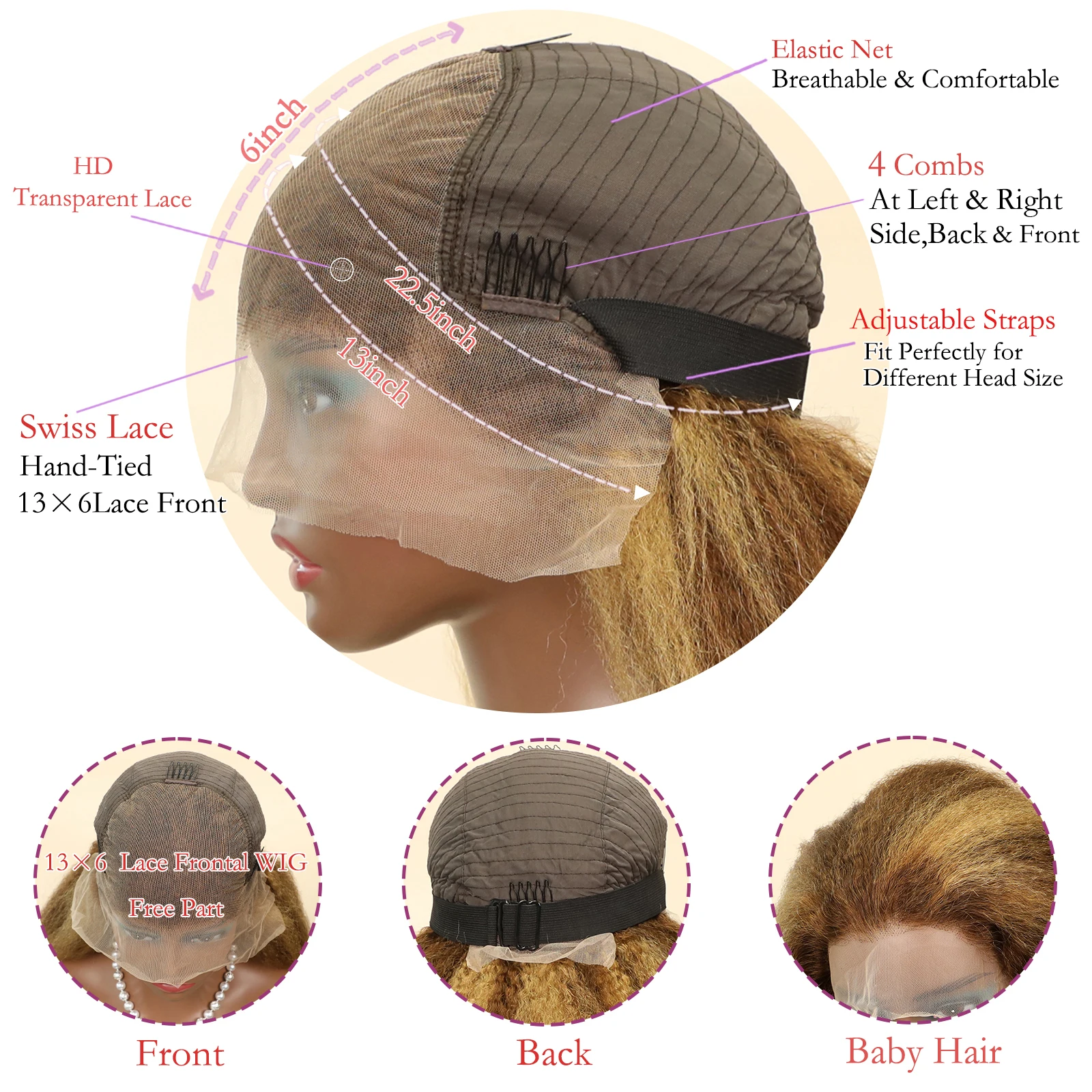 Stretched Length: 22inches, Density: 200% - 13x6 Highlight Brazilian 4/27 Brown Blonde Color Lace Wigs Kinky Straight Transparent Lace Front Human Hair Wig For Women