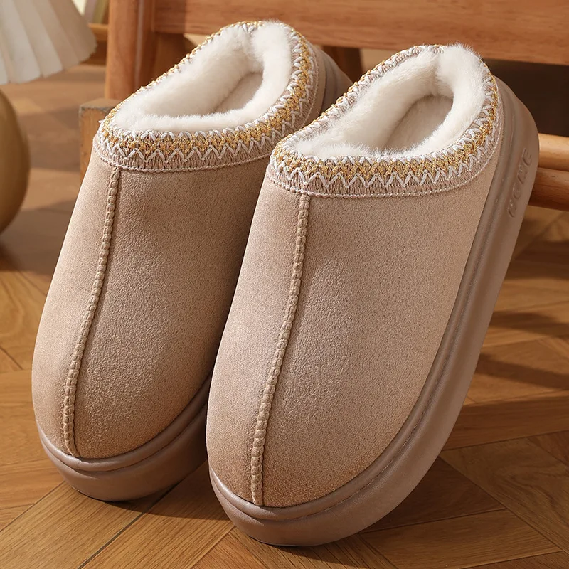 Color: Khaki, Shoe Size: 40-41 - Comfort Thick Bottom Cotton Slippers Women 2025 Winter Warm Thick Plush Non Slip Furry Clogs Shoes Embroidery Suede Snow Boots