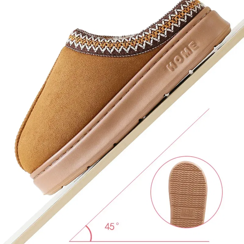 Color: Khaki, Shoe Size: 40-41 - Comfort Thick Bottom Cotton Slippers Women 2025 Winter Warm Thick Plush Non Slip Furry Clogs Shoes Embroidery Suede Snow Boots