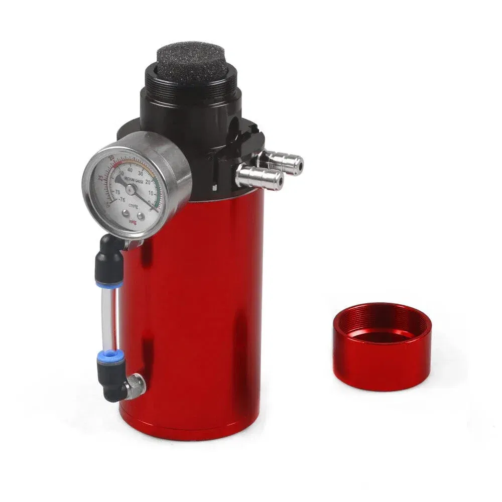Color: Blue - Aluminum Engine Oil Catch Tank Reservoir Breather Can + Vacuum Gauge + Hose Blue/Red/Silver/Black